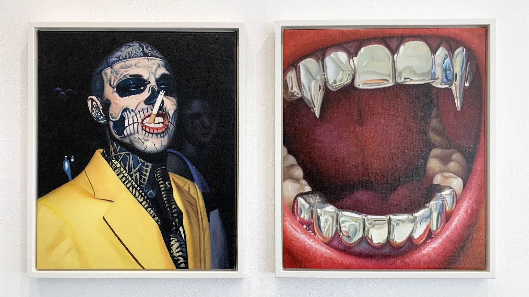 Image of a skeleton man wearing a yellow suit and a mouth showing teeth and fangs paintings by Tati Holt.