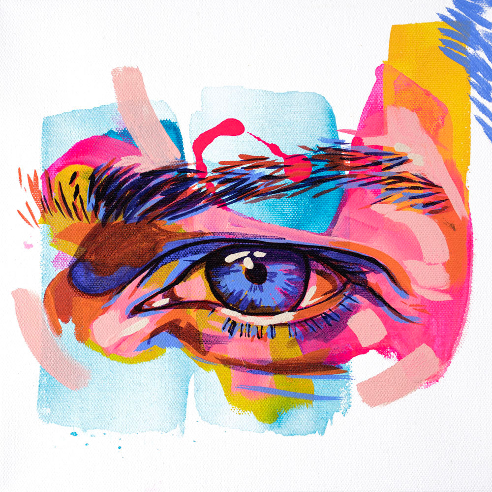 The Tracy Piper's vibrant figurative eye painting "Gray Powell" is available at Voss Gallery, San Francisco for $250.
