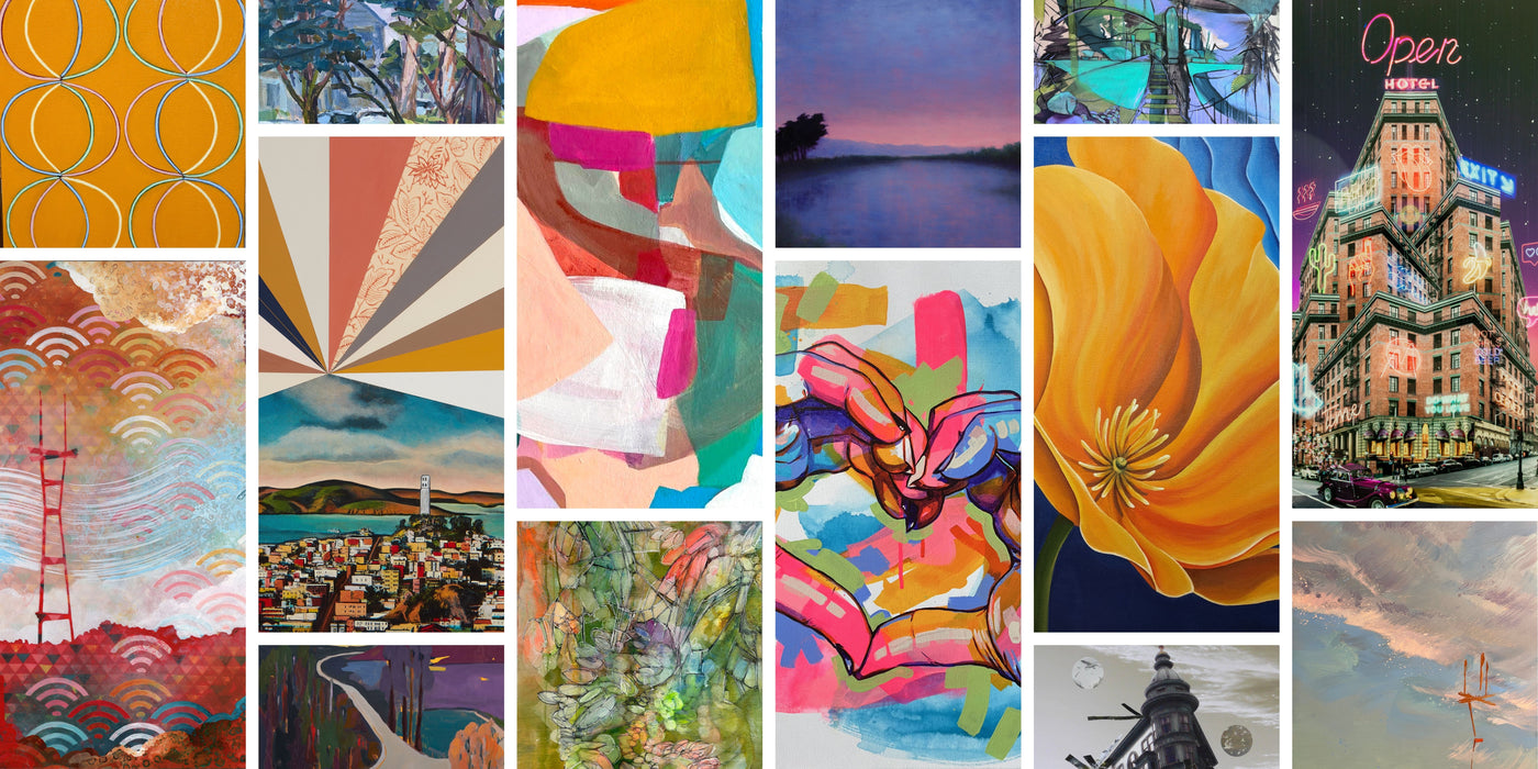 A collage of artwork from the "Urban Tides: A San Francisco Story” group exhibition at Voss Gallery, San Francisco.