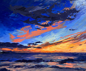 Cat Gutierrez's "Hapuna HI" sunset painting is available at Voss Gallery, San Francisco for $350.