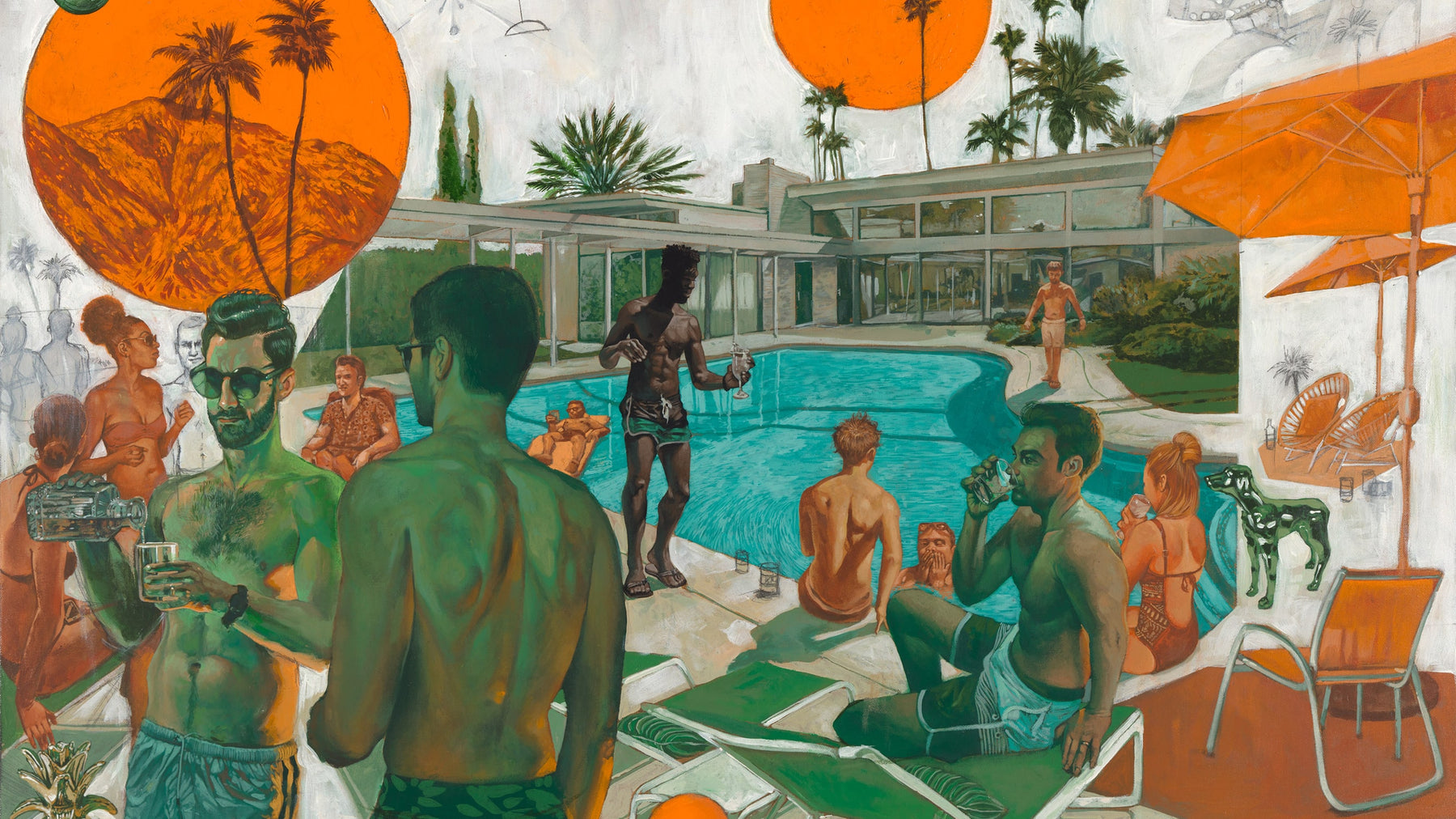 Graphic realistic painting of people drinking in a pool by Serge Gay. Jr.
