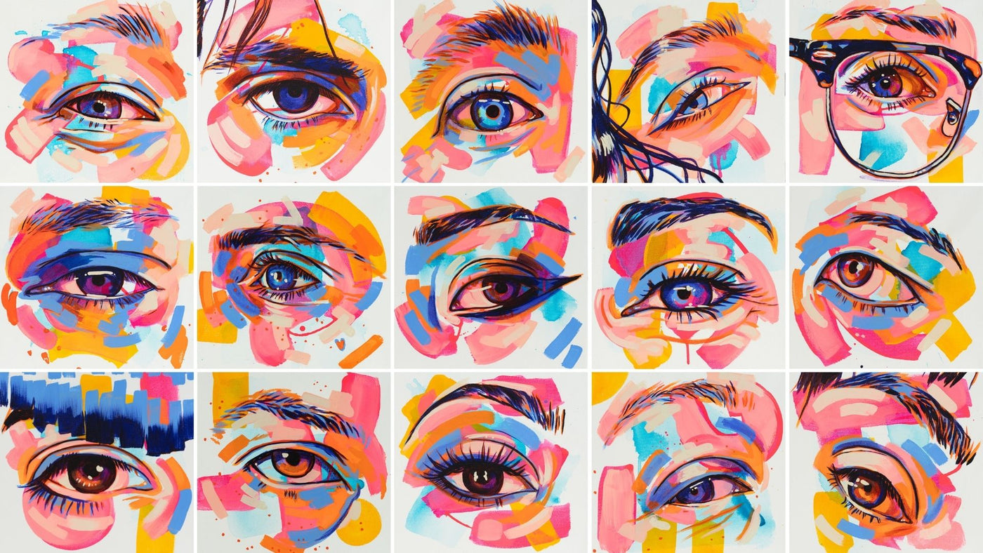 A vibrant collage of expressive eye paintings by The Tracy Piper from SEEN Volume 4, featuring bold colors and dynamic brushwork, on view at Voss Gallery in San Francisco.