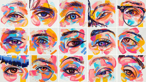 A vibrant collage of expressive eye paintings by The Tracy Piper from SEEN Volume 4, featuring bold colors and dynamic brushwork, on view at Voss Gallery in San Francisco.